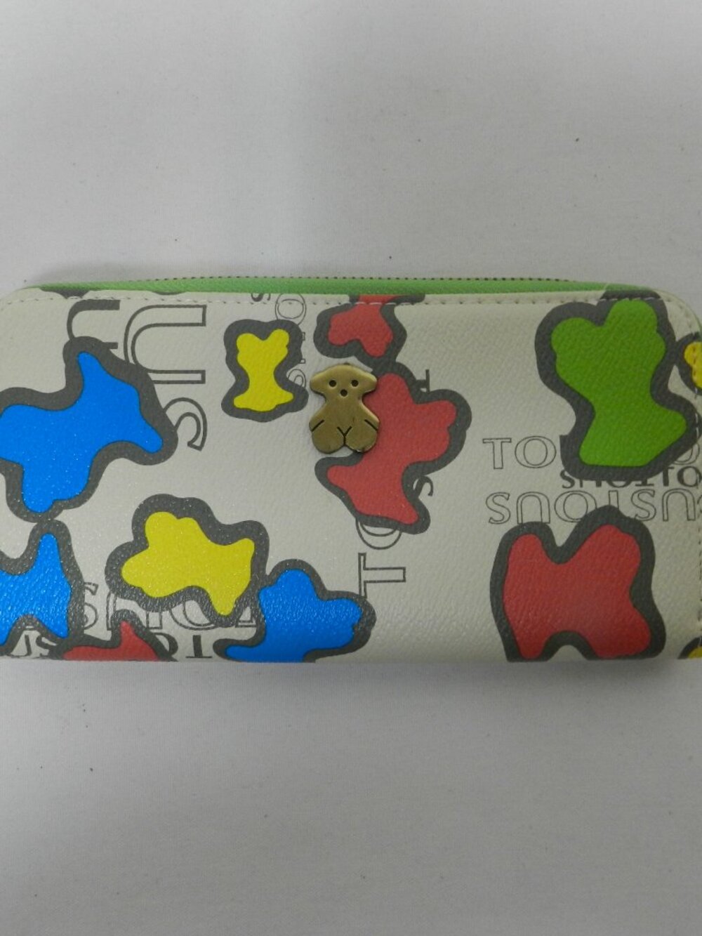 TOUS Leather zip around clutch wallet w/ Teddy Bear abstract 8" x 4" Women